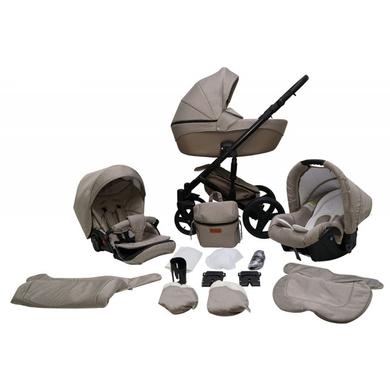 Mikrus multifunkciós babakocsi Comodo (merev mózes, hordozó 0-10kg, pelenkázótáska) műbőr mózesalappal és kosárral 19 cappuccino/bézs