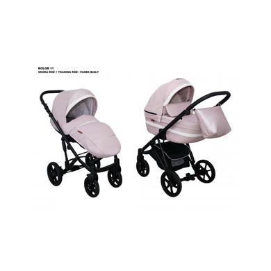 Mikrus multifunkciós babakocsi Cross (merev mózes, hordozó 0-10kg, pelenkázótáska) műbőr/textil 11 rózsaszín fehér csíkkal